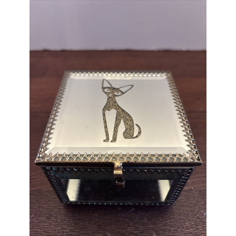 Vintage Mirrored Glass Jewelry Box MCM Cat Etched Brass Filigree Trinket Box 4x4